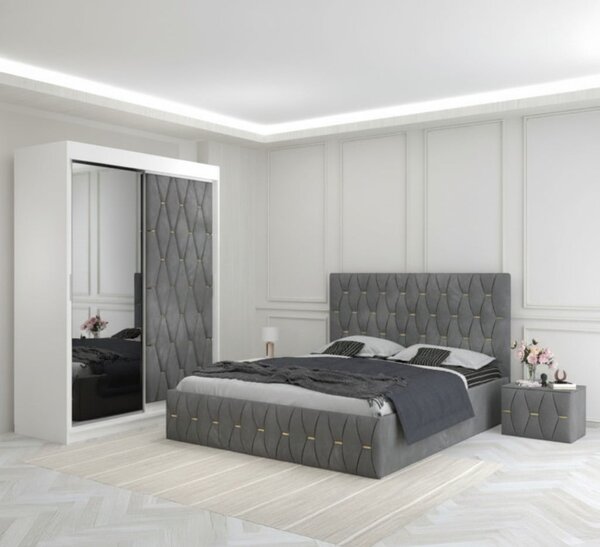 Set Mobila De Dormitor Eric Gri, pat tapitat 160x200cm, dulap usa tapitata cu oglinda 150x210cm,2 noptiere tapitate si saltea 160x200cm
