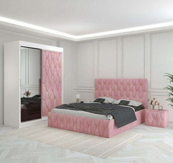 Set Mobila De Dormitor Eric Roz, pat tapitat 160x200cm, dulap usa tapitata cu oglinda 150x210cm,2 noptiere tapitate si saltea 160x200cm
