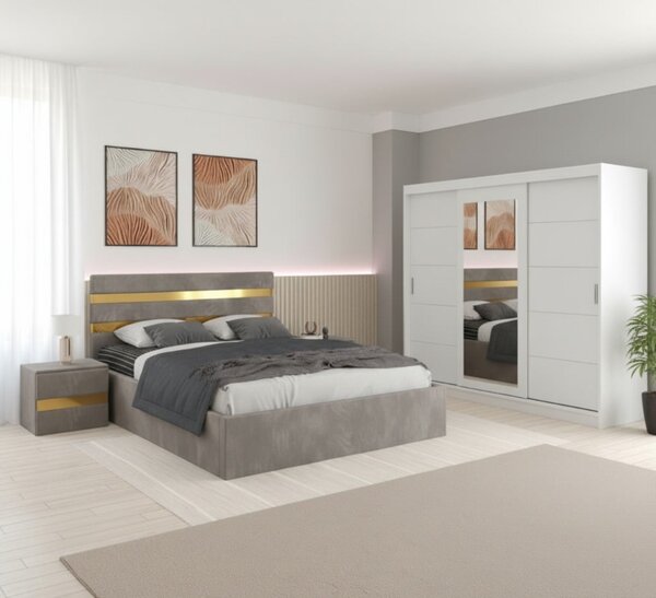 Set Mobila De Dormitor Clio Gri 250cm, pat tapitat 160x200cm, dulap alb 250cm, 2 noptiere tapitate si saltea 160x200cm