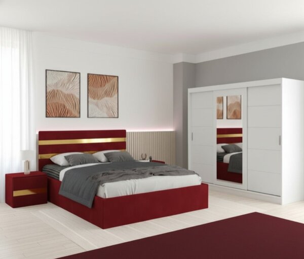 Set Mobila De Dormitor Clio Rosu 250cm, pat tapitat 160x200cm, dulap alb 250cm, 2 noptiere tapitate si saltea 160x200cm