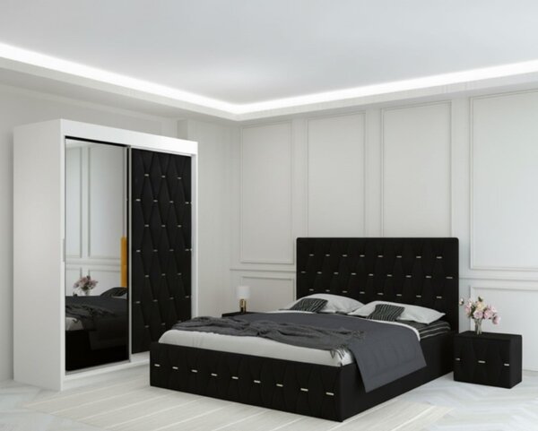 Set Mobila De Dormitor Eric Negru, pat tapitat 160x200cm, dulap usa tapitata cu oglinda 150x210cm,2 noptiere tapitate si saltea 160x200cm