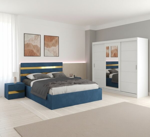 Set Mobila De Dormitor Clio Albastru 250cm, pat tapitat 160x200cm, dulap alb 250cm, 2 noptiere tapitate si saltea 160x200cm