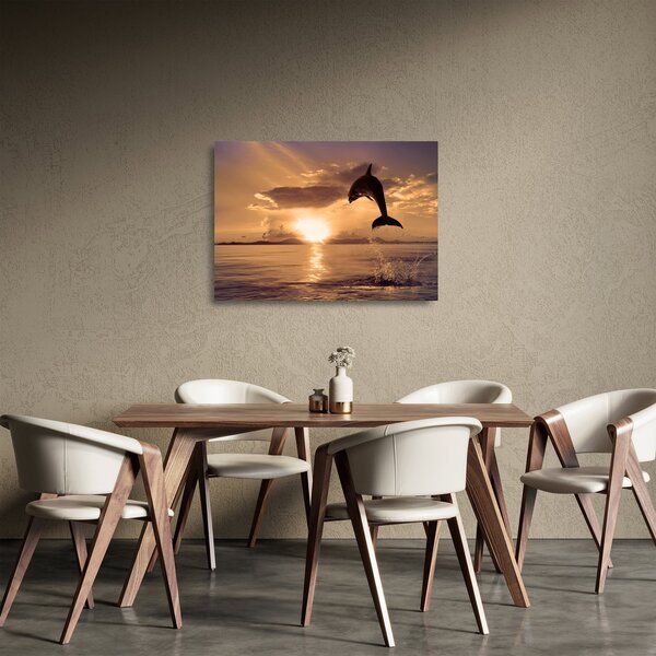 Tablou pe sticlă - Delfin la apus de soare (70x50 cm)