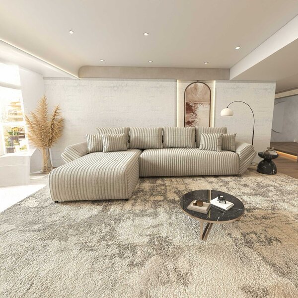 Colțar extensibil dumonde cu ladă de depozitare si sezut confortabil din spuma high-density, Berlin XL Tilia Gri- Bej 350x185 cm