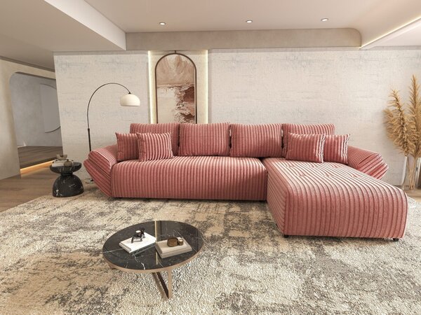 Colțar extensibil dumonde cu ladă de depozitare si sezut confortabil din spuma high-density, Berlin XL Tilia Roz Pudrat 62 II 350x185 cm