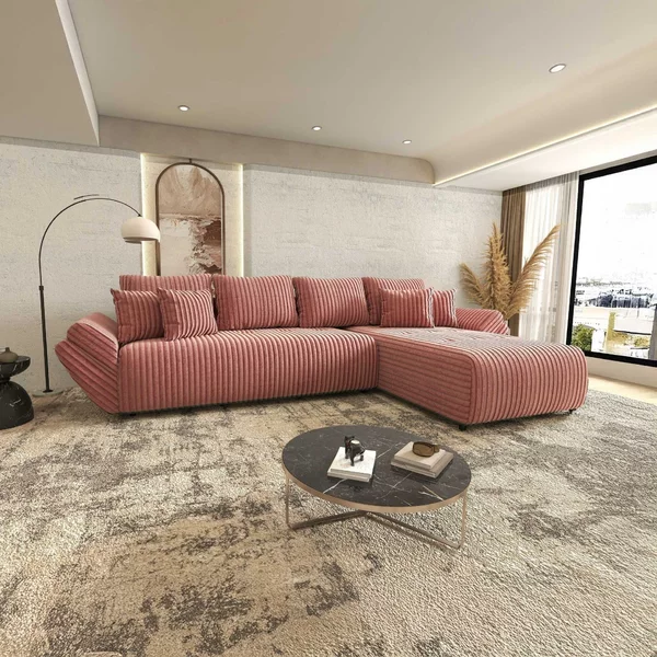 Colțar extensibil dumonde cu ladă de depozitare Berlin XL Tilia Roz Pudrat 62 II 350x185 cm