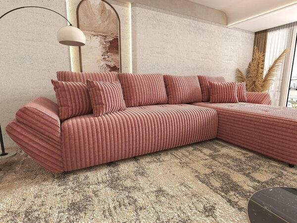 Colțar extensibil dumonde cu ladă de depozitare si sezut confortabil din spuma high-density, Berlin XL Tilia Roz Pudrat 62 II 350x185 cm