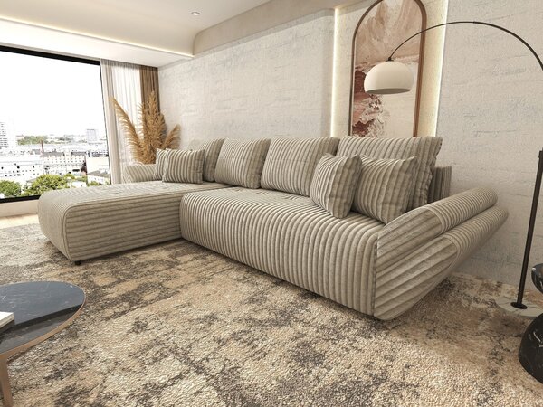 Colțar extensibil dumonde cu ladă de depozitare si sezut confortabil din spuma high-density, Berlin XL Tilia Gri- Bej 350x185 cm
