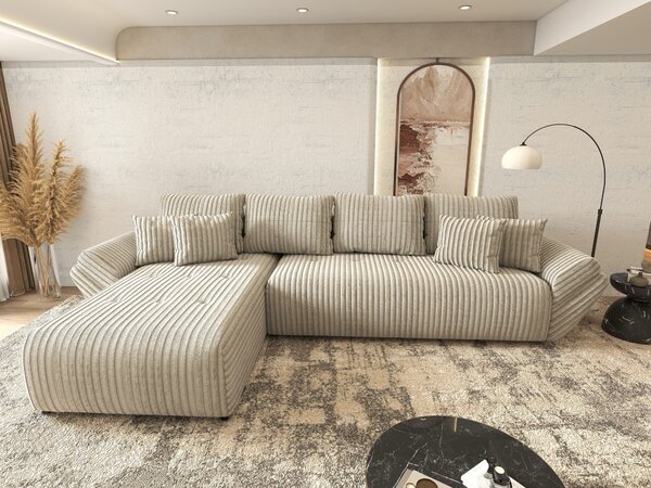 Colțar extensibil dumonde cu ladă de depozitare si sezut confortabil din spuma high-density, Berlin XL Tilia Gri- Bej 350x185 cm
