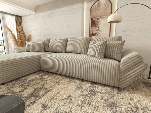 Colțar extensibil dumonde cu ladă de depozitare si sezut confortabil din spuma high-density, Berlin XL Tilia Gri- Bej 350x185 cm