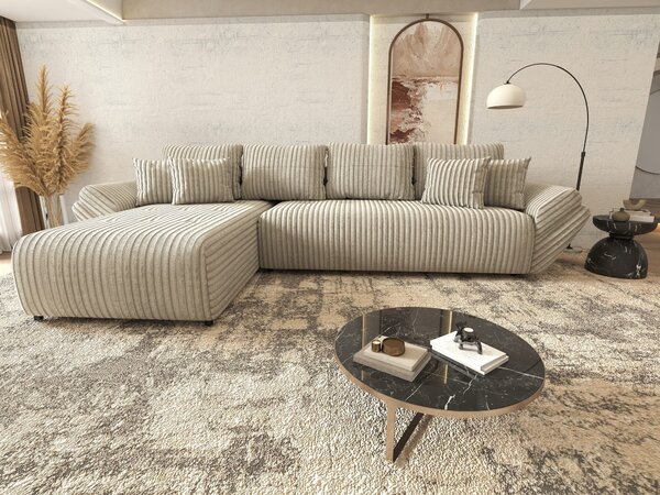 Colțar extensibil dumonde cu ladă de depozitare si sezut confortabil din spuma high-density, Berlin XL Tilia Gri- Bej 350x185 cm
