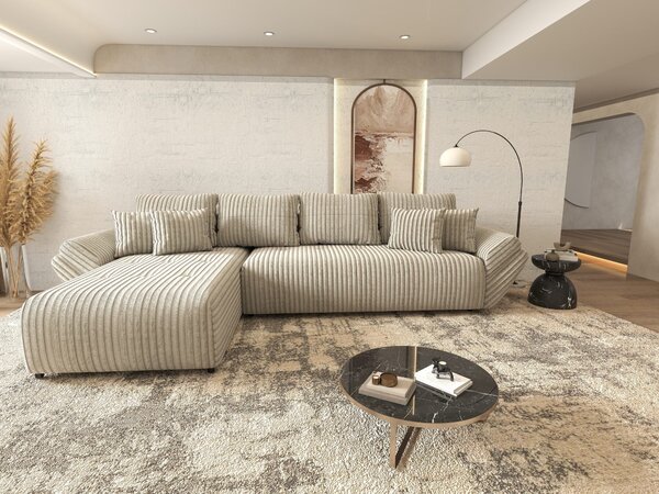 Colțar extensibil dumonde cu ladă de depozitare si sezut confortabil din spuma high-density, Berlin XL Tilia Gri- Bej 350x185 cm