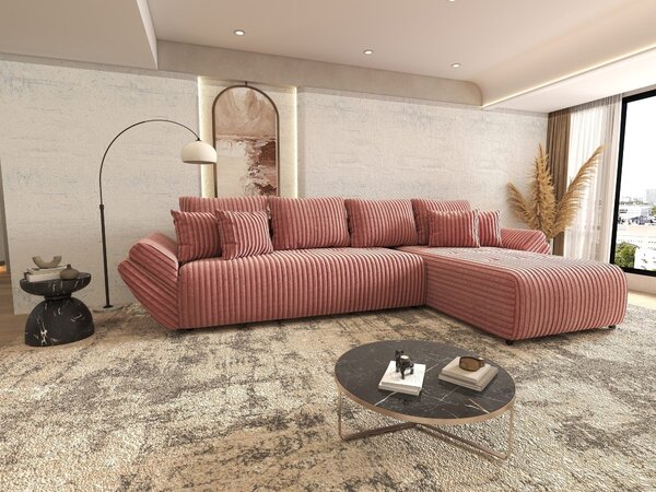 Colțar extensibil dumonde cu ladă de depozitare si sezut confortabil din spuma high-density, Berlin XL Tilia Roz Pudrat 62 II 350x185 cm