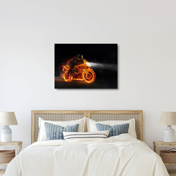 Tablou pe sticlă - Motociclist cu flăcări (70x50 cm)