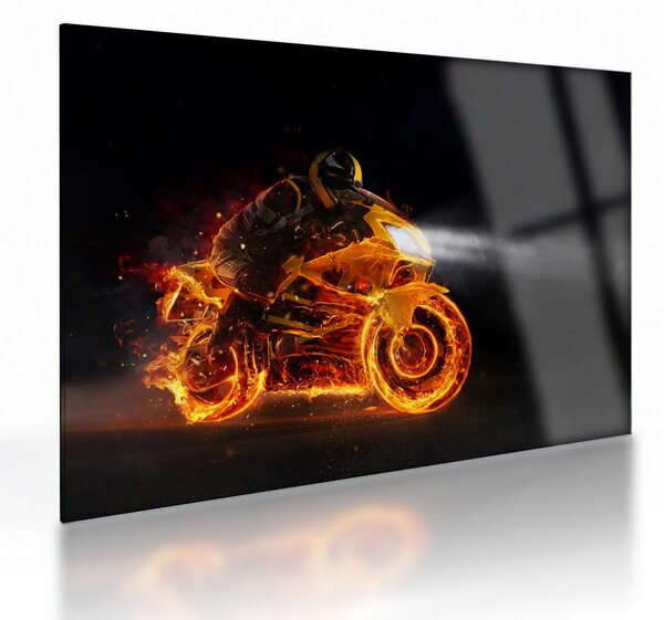 Tablou pe sticlă - Motociclist cu flăcări (70x50 cm)