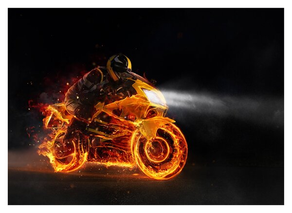 Tablou pe sticlă - Motociclist cu flăcări (70x50 cm)
