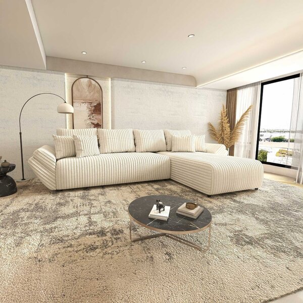 Colțar extensibil dumonde cu ladă de depozitare si sezut confortabil din spuma high-density, Berlin XL Tilia Bej 01 II 350x185 cm
