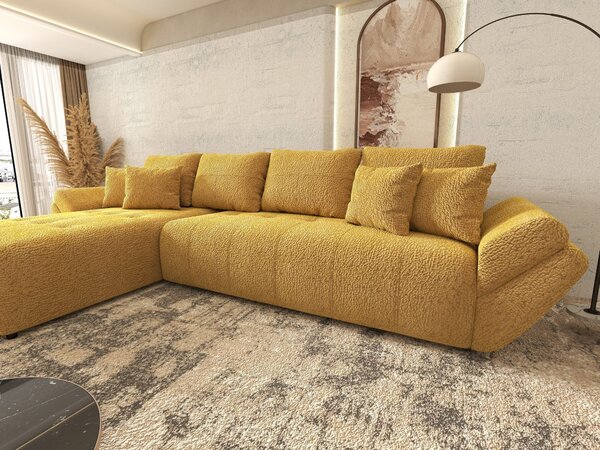 Colțar extensibil dumonde cu ladă de depozitare si sezut confortabil din spuma high-density, Berlin XL Jaguar Galben Mustar 350x185 cm