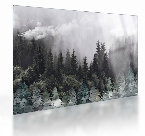Tablou pe sticlă - Pădure cu elemente ilustrate (70x50 cm)