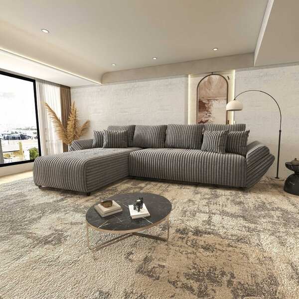 Colțar extensibil dumonde cu ladă de depozitare si sezut confortabil din spuma high-density, Berlin XL Tilia Gri 90 350x185 cm