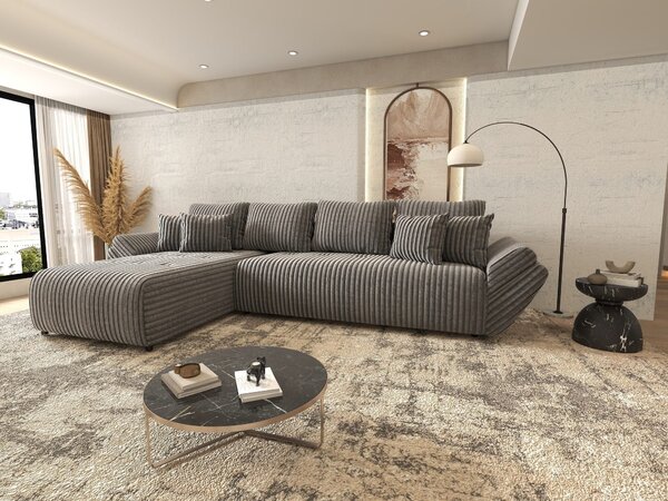Colțar extensibil dumonde cu ladă de depozitare si sezut confortabil din spuma high-density, Berlin XL Tilia Gri 90 350x185 cm