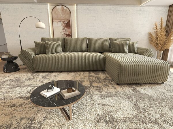 Colțar extensibil dumonde cu ladă de depozitare si sezut confortabil din spuma high-density, Berlin XL Tilia Verde Olive 37 II 350x185 cm