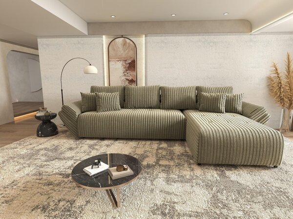 Colțar extensibil dumonde cu ladă de depozitare si sezut confortabil din spuma high-density, Berlin XL Tilia Verde Olive 37 II 350x185 cm