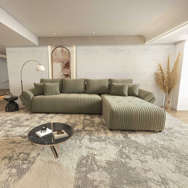 Colțar extensibil dumonde cu ladă de depozitare si sezut confortabil din spuma high-density, Berlin XL Tilia Verde Olive 37 II 350x185 cm