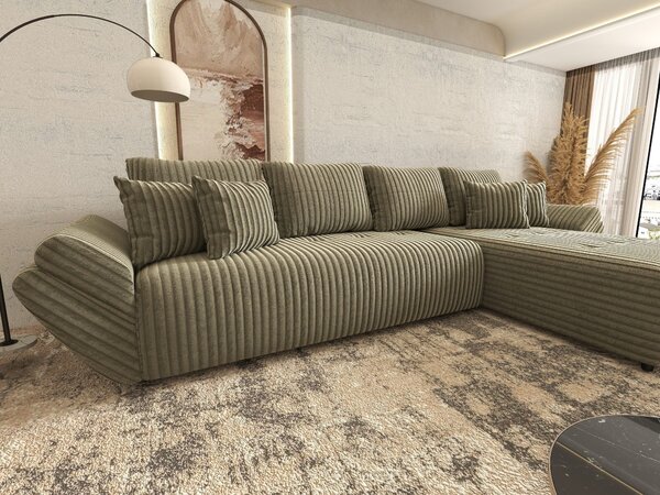 Colțar extensibil dumonde cu ladă de depozitare si sezut confortabil din spuma high-density, Berlin XL Tilia Verde Olive 37 II 350x185 cm