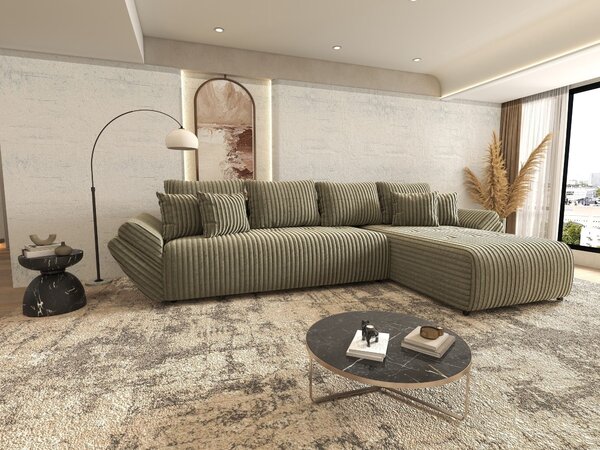 Colțar extensibil dumonde cu ladă de depozitare si sezut confortabil din spuma high-density, Berlin XL Tilia Verde Olive 37 II 350x185 cm