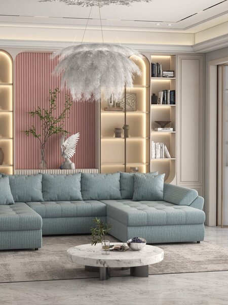Colțar extensibil dumonde cu ladă de depozitare Loana U Mint Ambience 375x185 cm