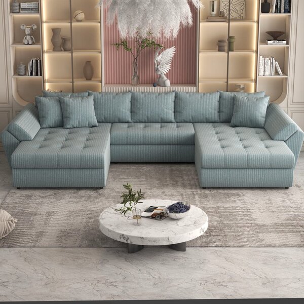 Colțar extensibil dumonde cu ladă de depozitare Loana U Mint Ambience 375x185 cm
