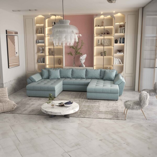 Colțar extensibil dumonde cu ladă de depozitare Loana U Mint Ambience 375x185 cm