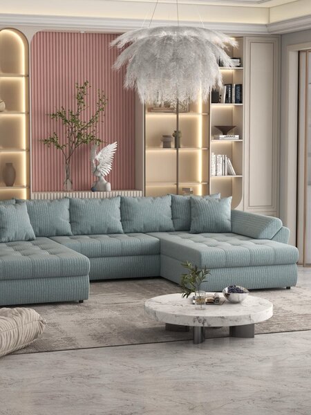 Colțar extensibil dumonde cu ladă de depozitare Loana U Mint Ambience 375x185 cm