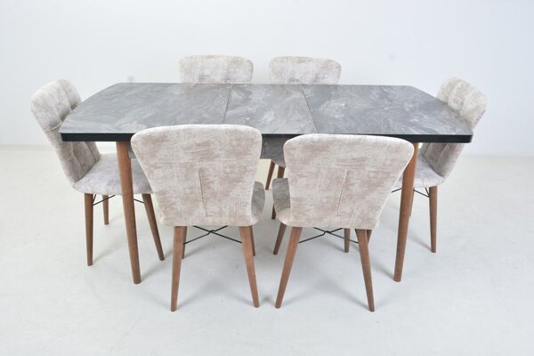 Set masa extensibila cu 6 scaune tapitate Homs marmura/bej 170 x 80 cm picioare lemn  