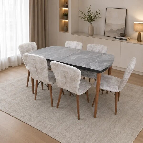 Set masa extensibila cu 6 scaune tapitate Homs marmura/bej 170 x 80 cm picioare lemn  