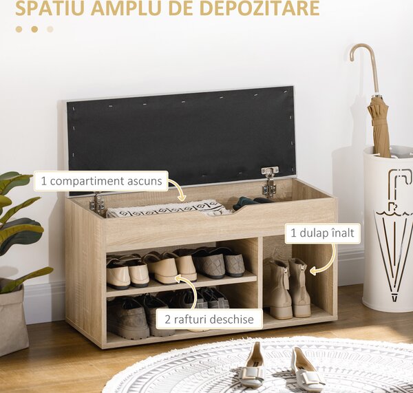 HOMCOM Bancă pentru Pantofi cu 3 Compartimente, Spațiu Ascuns și Șezut din Piele PU, 80x30x43 cm, Lemn Natural | Aosom Romania