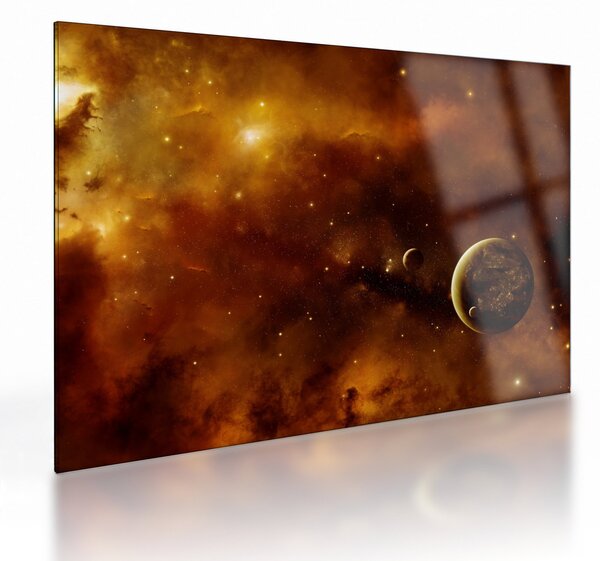Tablou pe sticlă - Planete cu nebuloasă (70x50 cm)