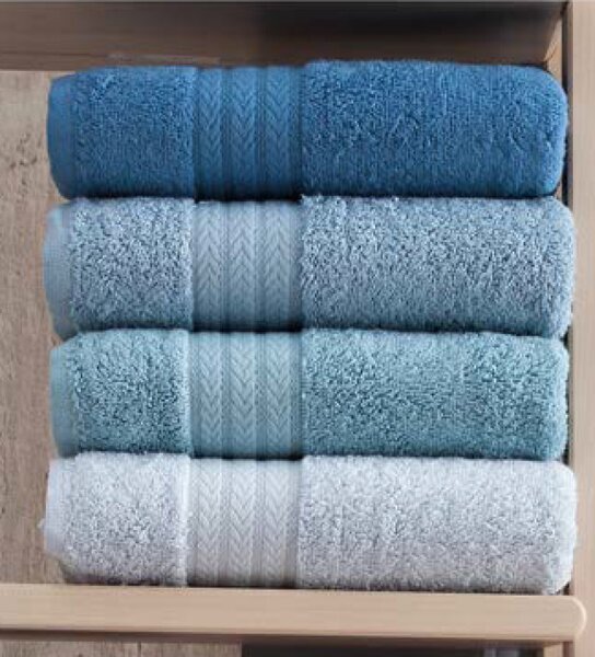 Set 4 prosoape de baie, 100% bumbac, 480 gr/m², 50x90 cm, Dora, albastru