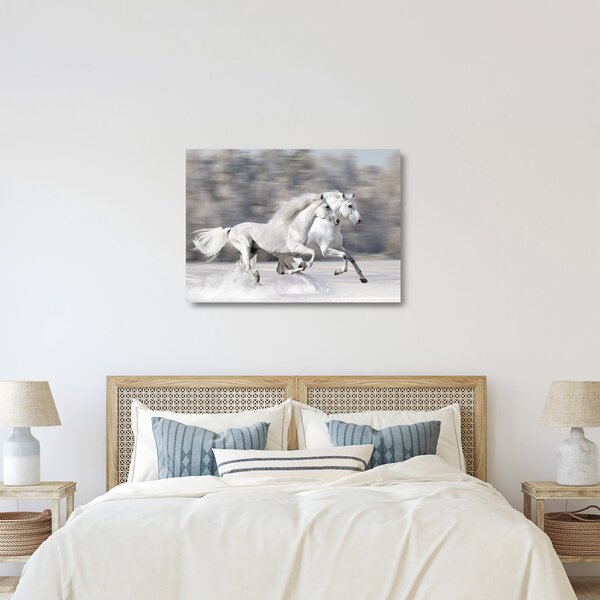 Tablou pe sticlă - Cai albi în timpul iernii (70x50 cm)