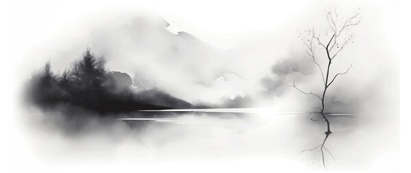 Tablou pe sticlă - pictură cu cerneală de peisaj (70x50 cm)