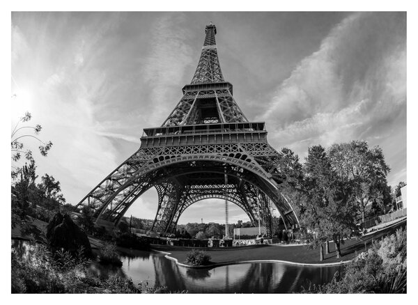 Tablou pe sticlă - Turnul Eiffel, alb-negru (70x50 cm)