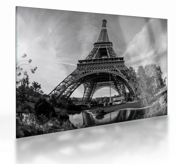 Tablou pe sticlă - Turnul Eiffel, alb-negru (70x50 cm)