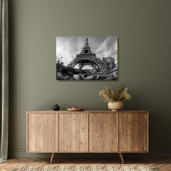 Tablou pe sticlă - Turnul Eiffel, alb-negru (70x50 cm)