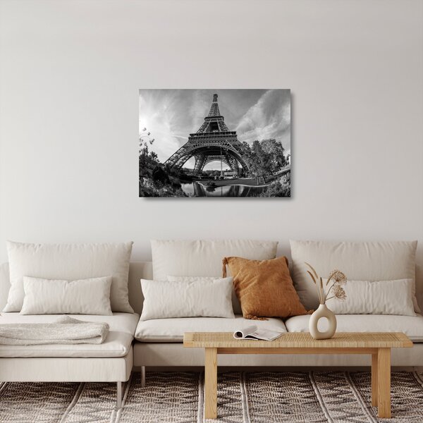 Tablou pe sticlă - Turnul Eiffel, alb-negru (70x50 cm)