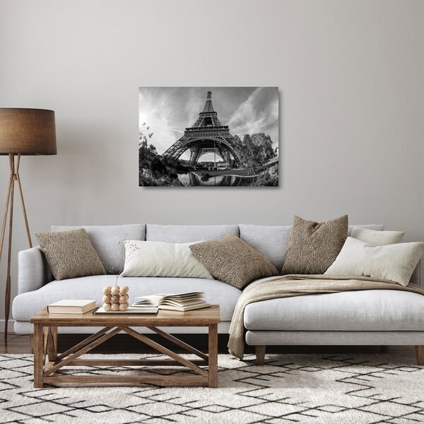 Tablou pe sticlă - Turnul Eiffel, alb-negru (70x50 cm)