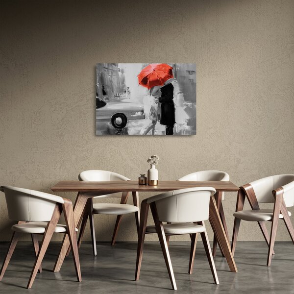 Tablou pe sticlă - Cuplu în dragoste sub o umbrelă, roșu (70x50 cm)