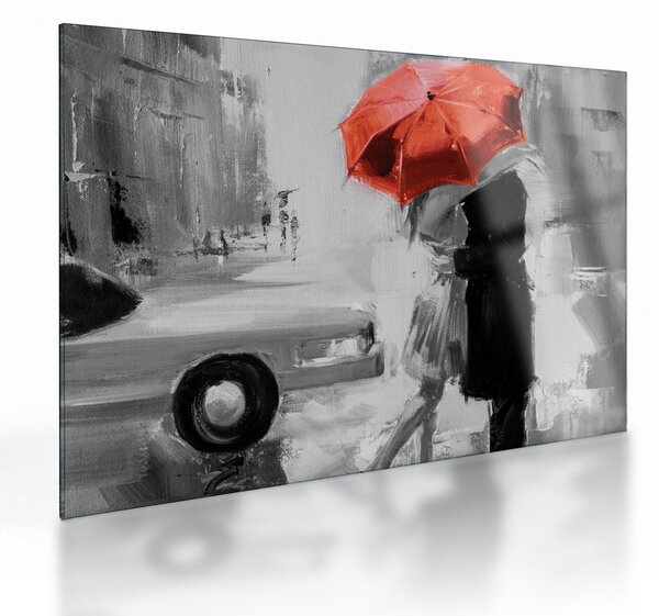 Tablou pe sticlă - Cuplu în dragoste sub o umbrelă, roșu (70x50 cm)