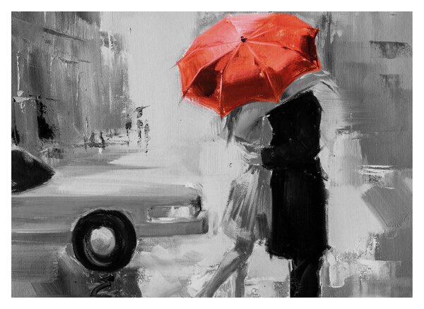 Tablou pe sticlă - Cuplu în dragoste sub o umbrelă, roșu (70x50 cm)