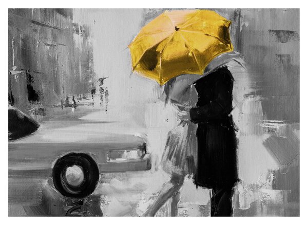 Tablou pe sticlă - Cuplu în dragoste sub o umbrelă, galben (70x50 cm)